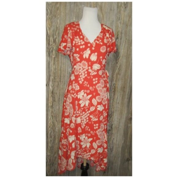 Urban Outfitters Dress Medium Orange Daphne Wrap Midi Floral V-Neck Boho Fall - Picture 1 of 10
